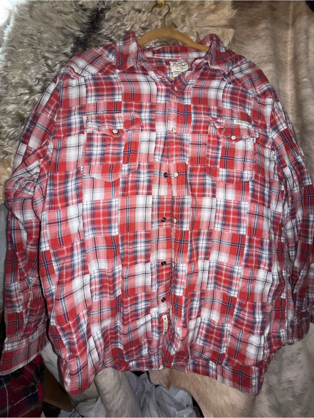 Lucky Brand XXL Western Plaid Pearl Snap Shirt Red White Blue Patchwork